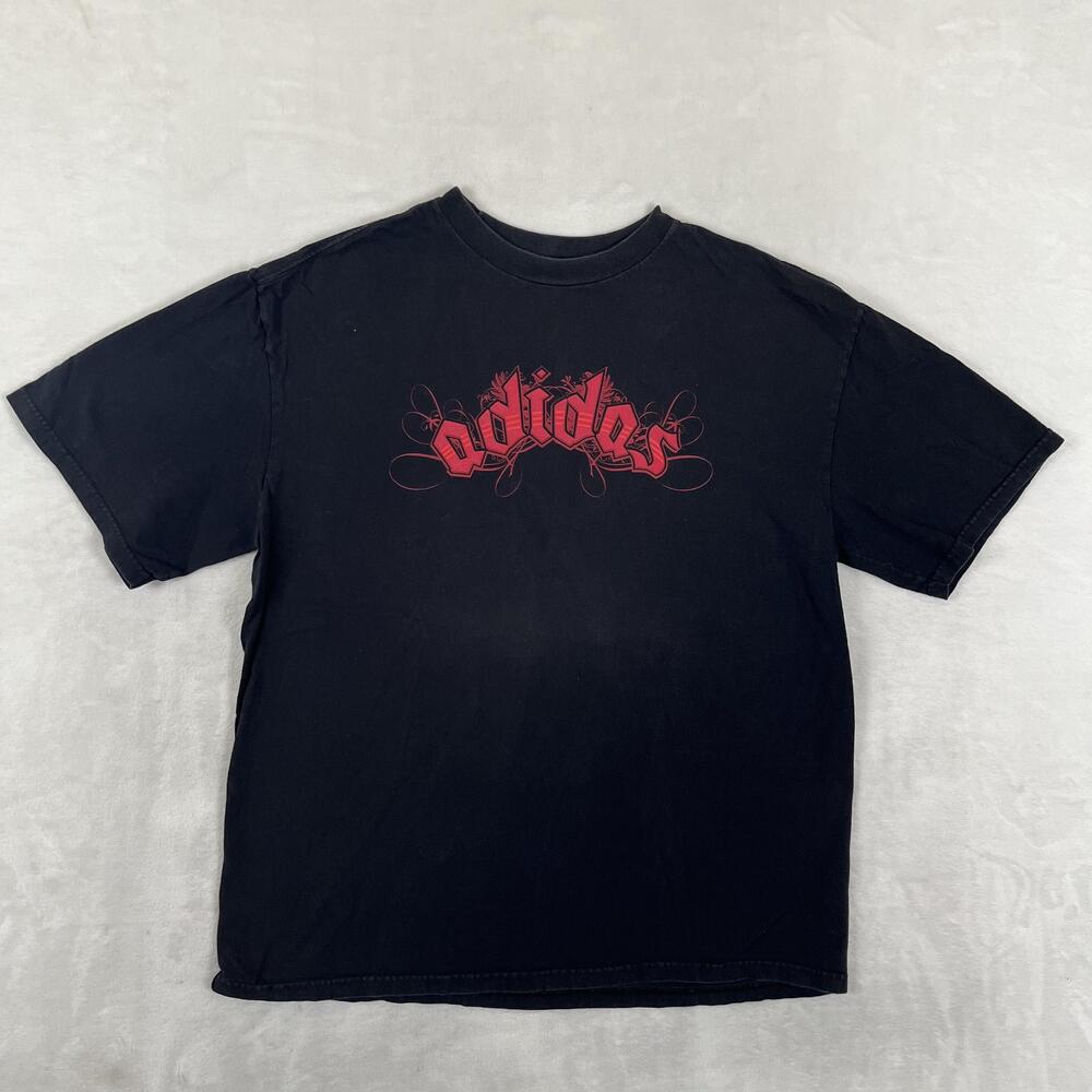 Vintage Adidas T-Shirt Mens Large Black Red Logo Graphic Y2k Cyber Spell Out